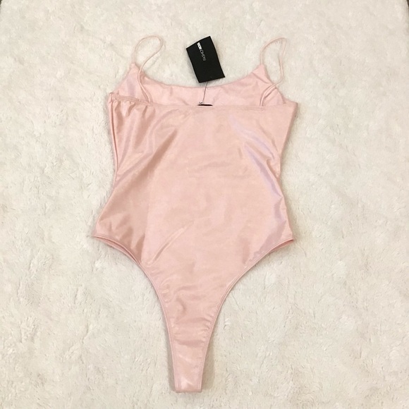 Fashion Nova NWT Small Kiki II PU Bodysuit Blush Pink Spaghetti Straps - Picture 3 of 9